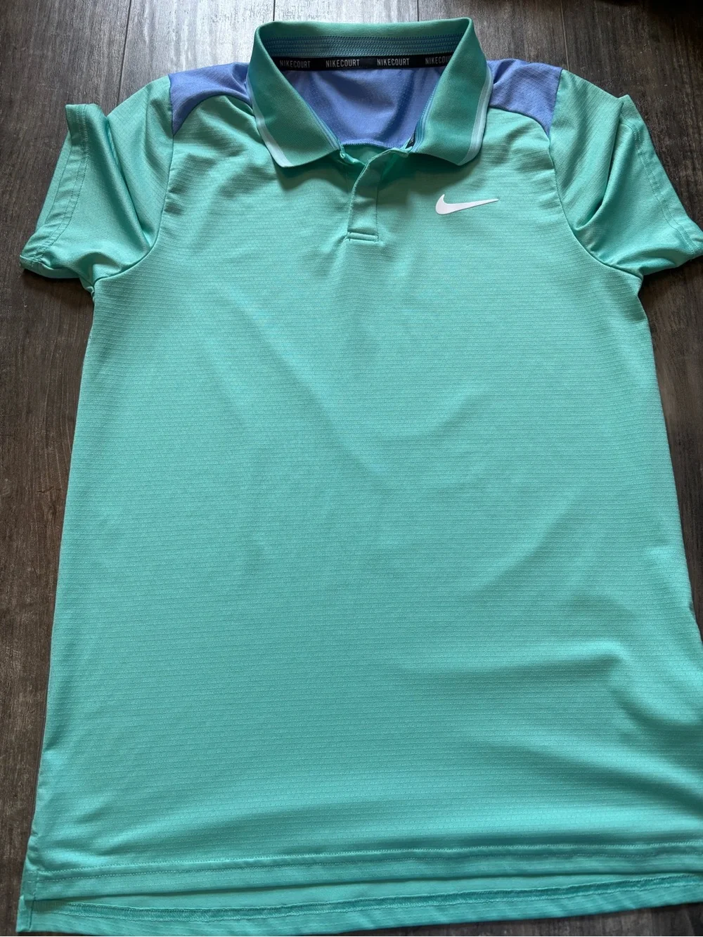 Nike Court Men's Small Dri-Fit Green Polo with Blue Shoulder Panels